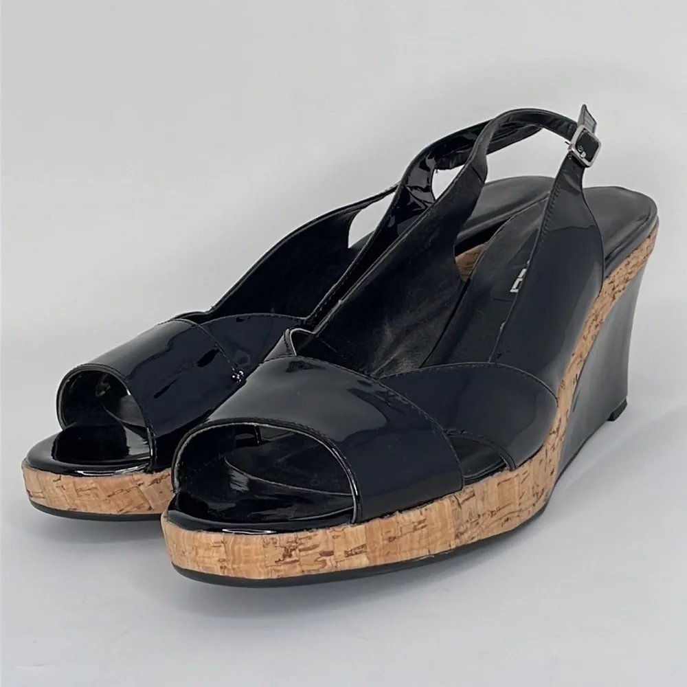 VAN ELI Wedge Heel Sandals Sling Back Open Toe Black Patent Leather Cork 9.5